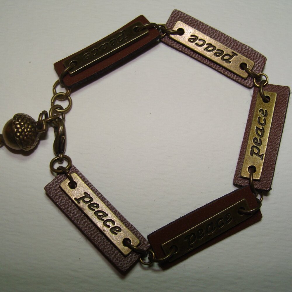 Custom Jewelry, Brown Leather & Bronze Tone PEACE Plaque with Acorn Charm